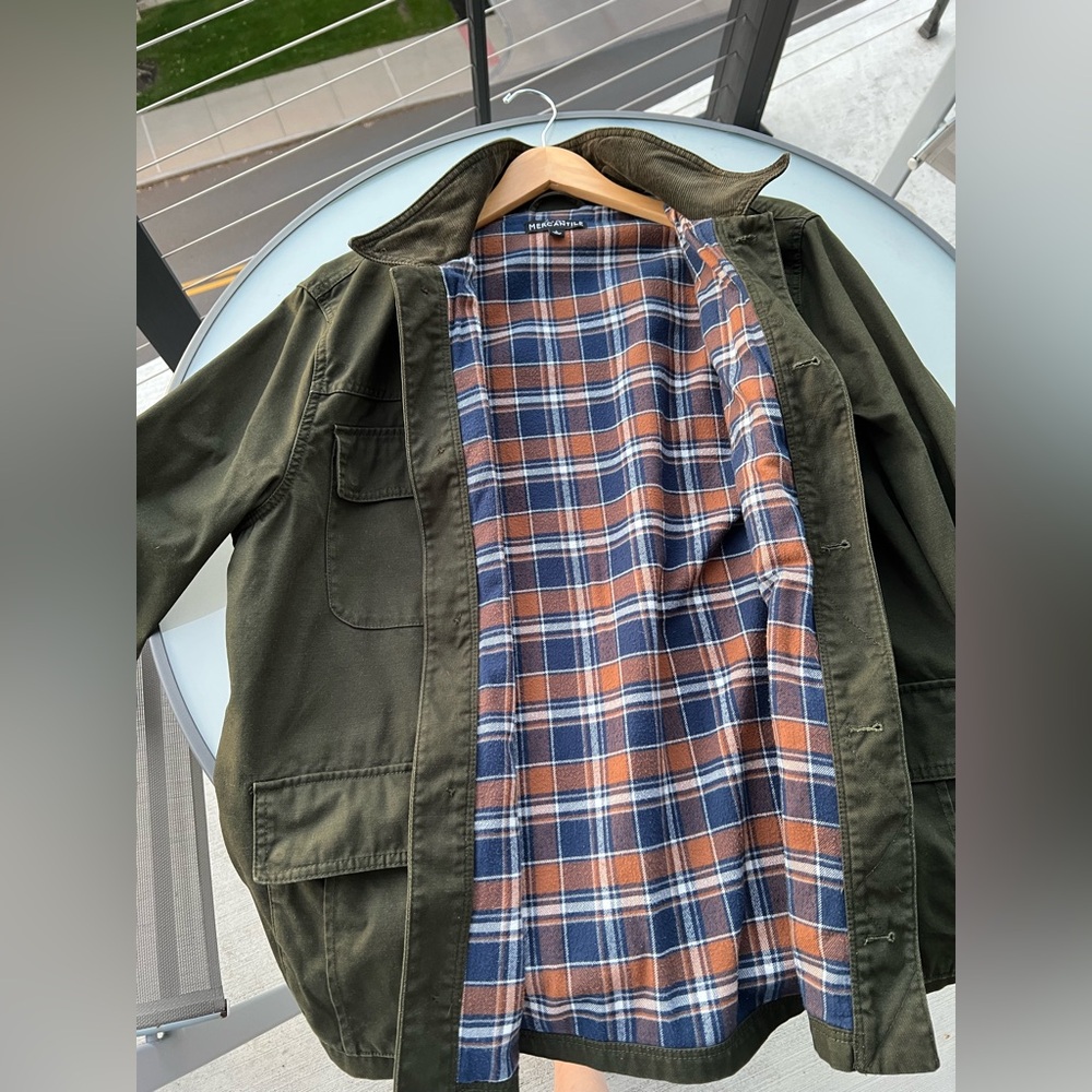 JCrew Mercantile Olive Green Men's Barn Jacket with Plaid Lining - Size Large
